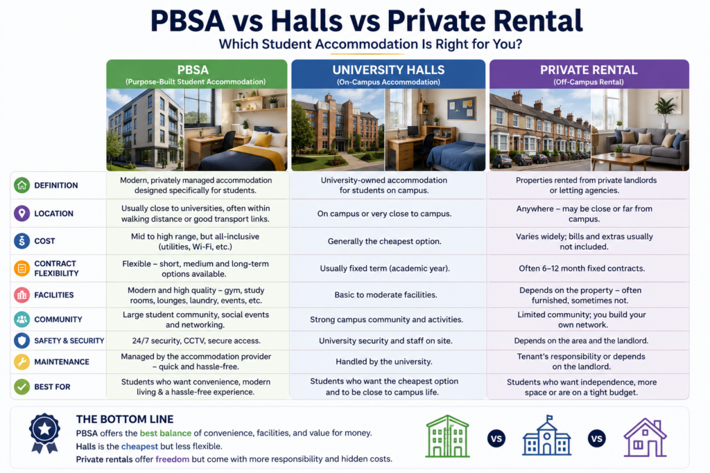 Comparison infographic of PBSA, university halls, and private rentals for students